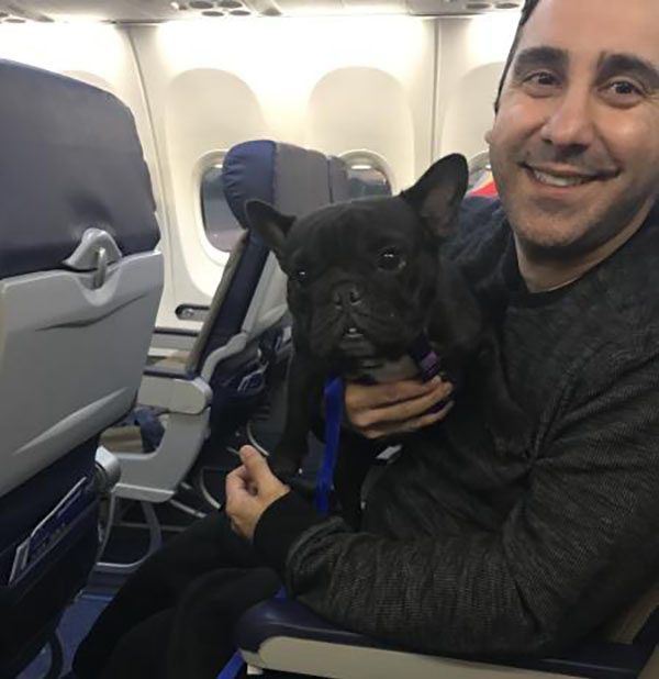 Emotional Support Animal owner with his dog at the plane