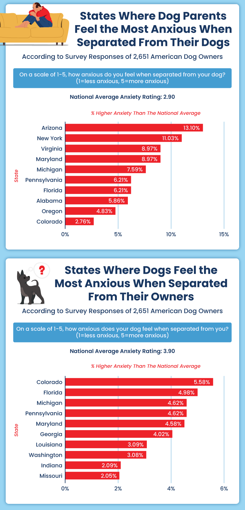 Bar charts showing the states with the most separation anxiety in dogs and dog parents