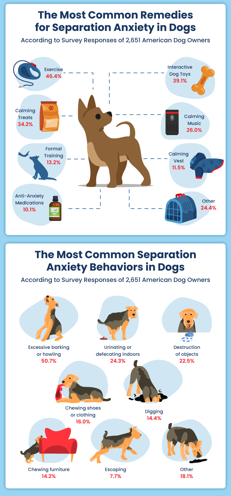 Infographic showing the most common behaviors in anxious dogs and remedies for anxious dogs